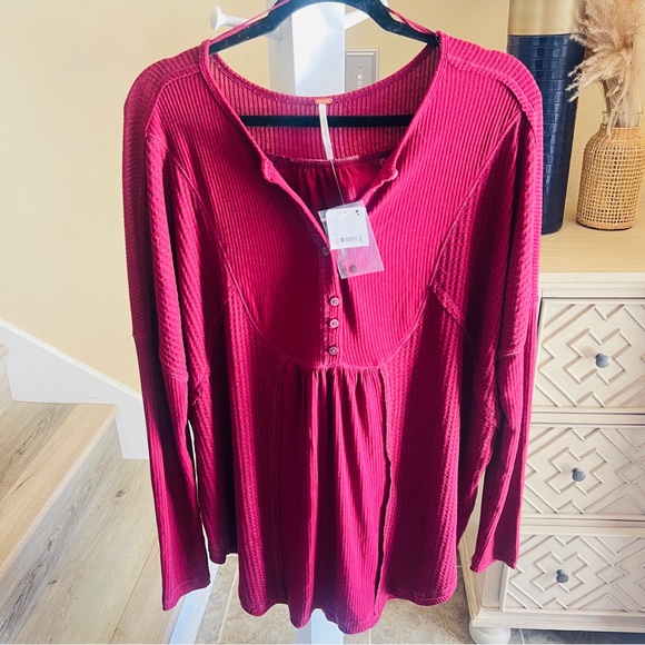 Free People Red Ribbed Polo Collar Tunic - Picture 1 of 12